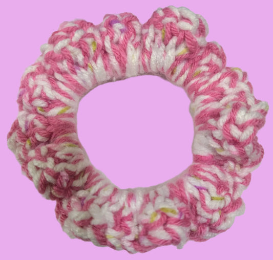 Multi-Color Crochet Scrunchie, Pink, White, & Green Crochet Hair Scrunchie, Handmade Boho Crochet Scrunchie, Multi-Color Hair Tie, Pink White Green Crochet Scrunchie, Handmade Hair Accessory for Women, Men, Teen, Unisex