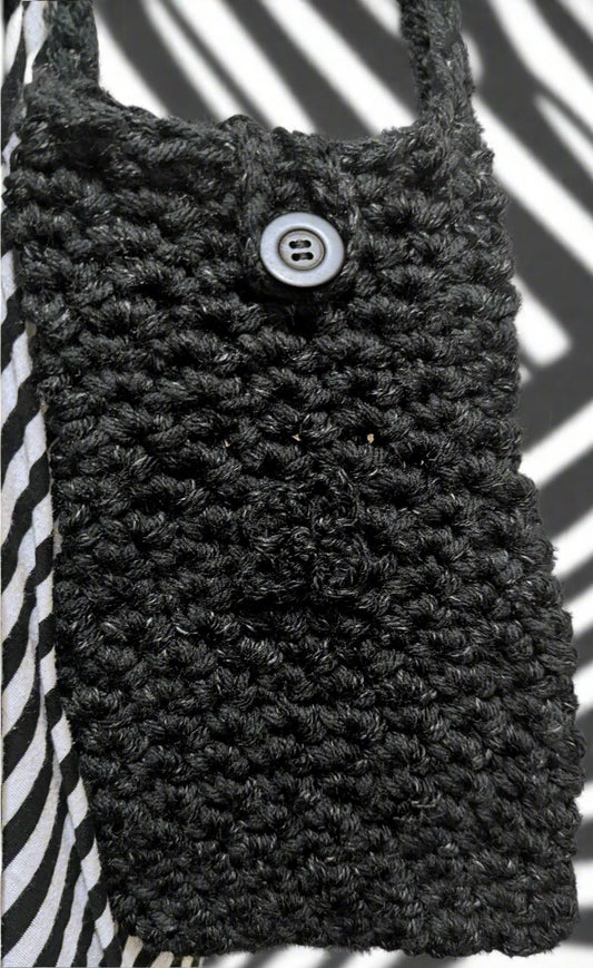 Handcrafted Black Crochet Crossbody Bag,Stylish Black Sling Bag with Button Closure,Unique Handmade Crochet Crossbody Purse