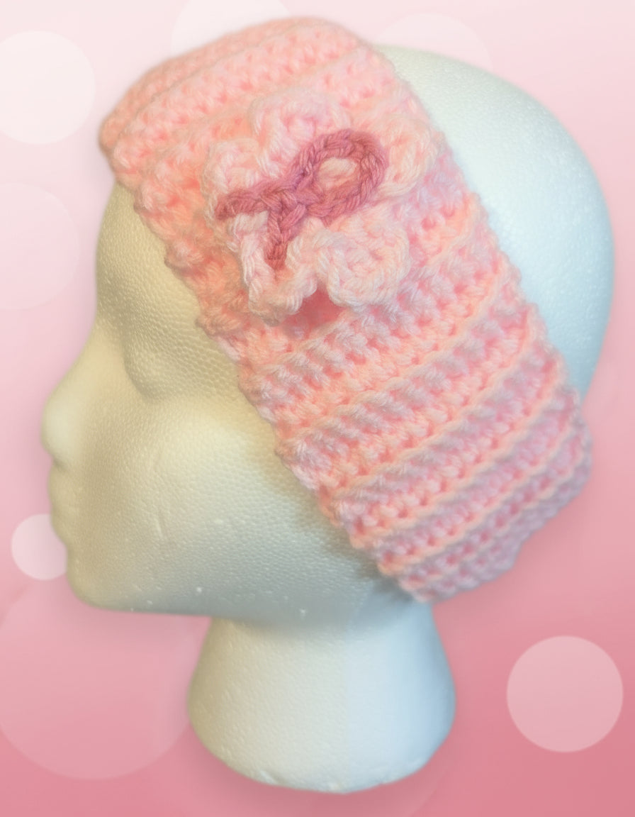Pink Floral Headband with Pink Ribbon Symbol, Breast Cancer Awareness Hair Accessory, Pink Crochet Flower Headband - Handmade Floral Hair Accessory, hair accessories