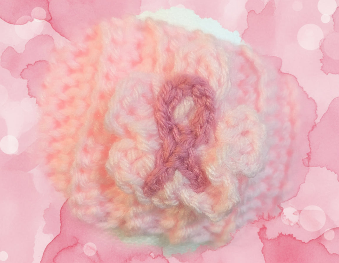 Pink Floral Headband with Pink Ribbon Symbol, Breast Cancer Awareness Hair Accessory, Pink Crochet Flower Headband - Handmade Floral Hair Accessory, hair accessories