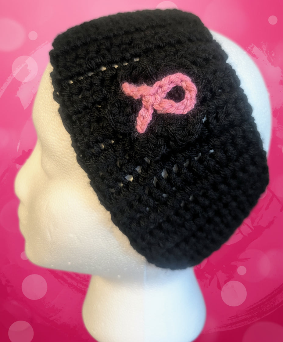 Black Floral Headband with Pink Ribbon Symbol, Breast Cancer Awareness Hair Accessory, Black Crochet Flower Headband - Handmade Floral Hair Accessory, hair accessories