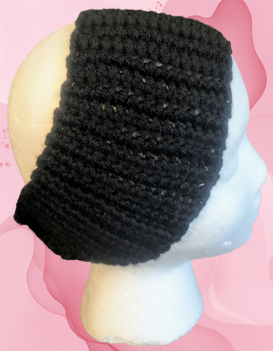 Black Floral Headband with Pink Ribbon Symbol, Breast Cancer Awareness Hair Accessory, Black Crochet Flower Headband - Handmade Floral Hair Accessory, hair accessories