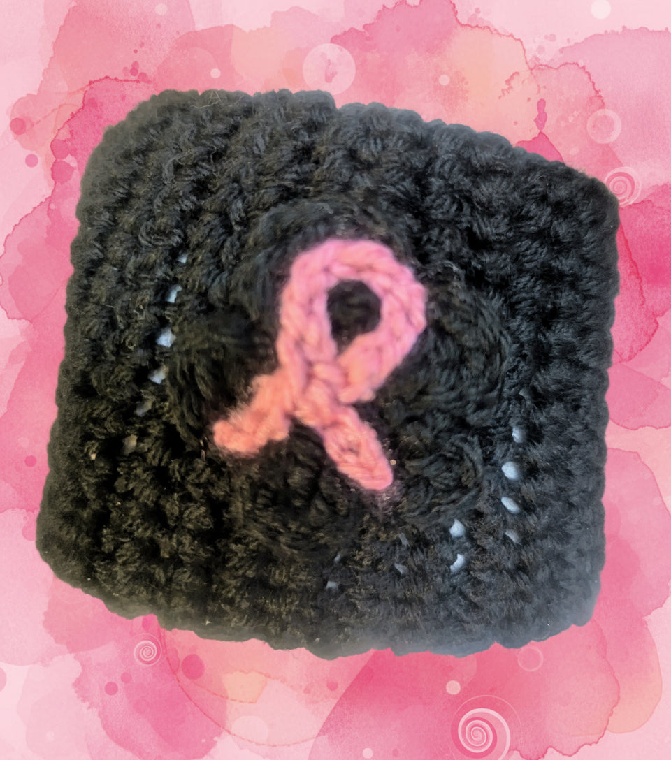 Black Floral Headband with Pink Ribbon Symbol, Breast Cancer Awareness Hair Accessory, Black Crochet Flower Headband - Handmade Floral Hair Accessory, hair accessories