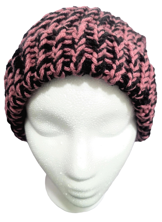 Pink & Black Beanie | Unisex Knit Winter Hat | Warm Slouchy Cuffed Beanie