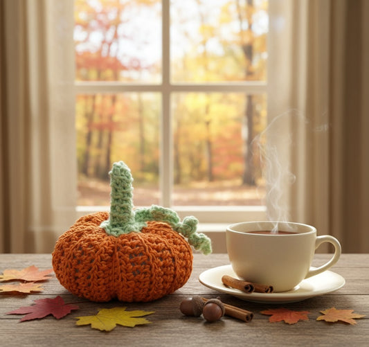 Cozy Half-Double Crochet Pumpkin with Green Stem - Autumn Tabletop Decor