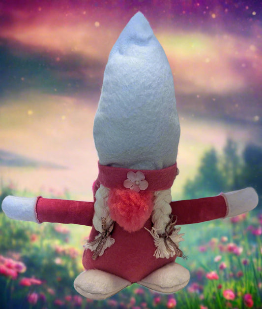 Charming Pink & White Felt Gnome,Handmade Felt Gnome with Braids,Whimsical Pink & White Plush Gnome,Sweetheart Gnome Decor