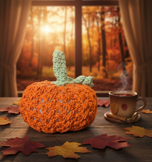 Hand-Crocheted Wheat Stitch Pumpkin with Green Stem - Autumn Home Decor